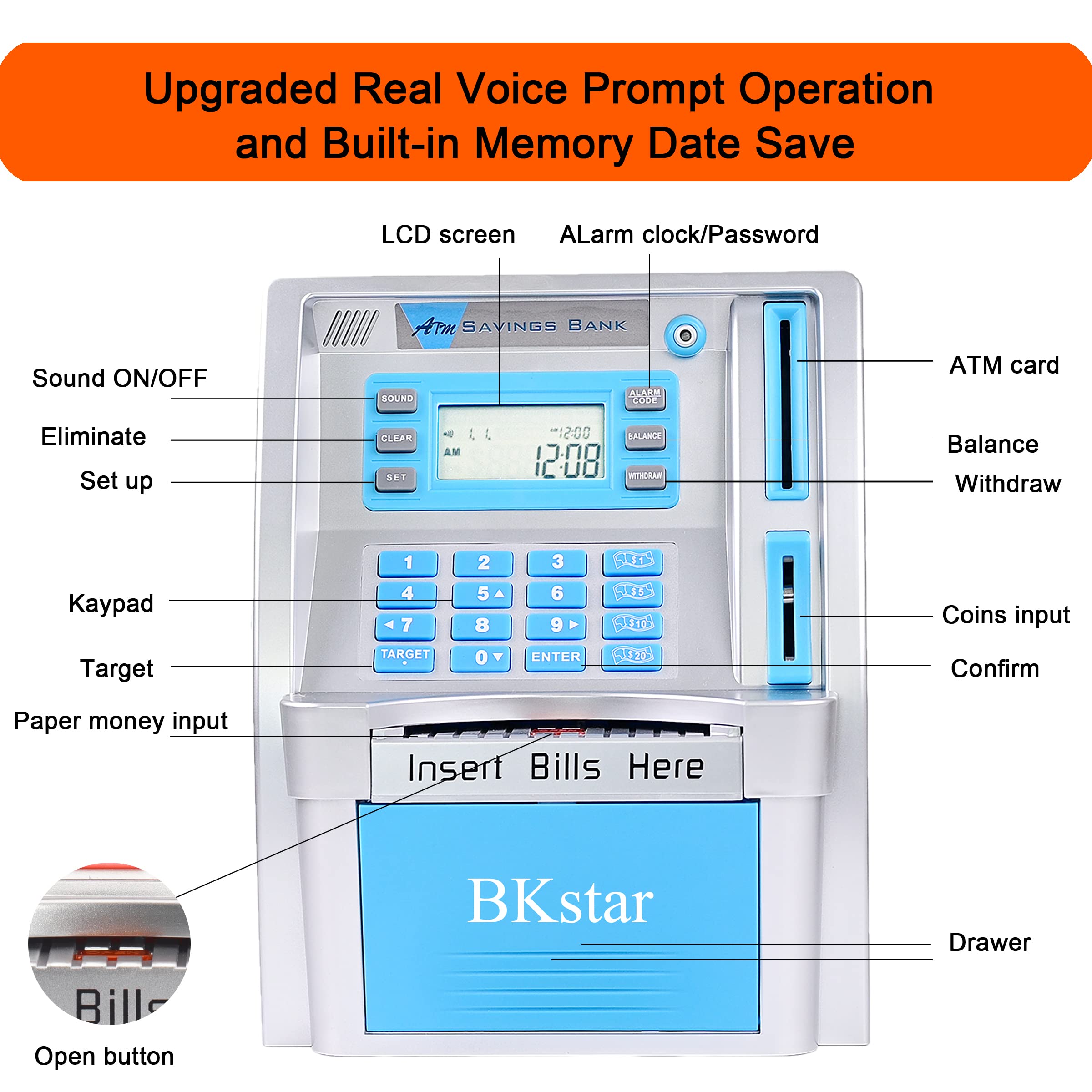BKstar Kids Talking Blue ATM Piggy Bank debit-card slot enables pretend payments