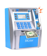 BKstar Kids Talking Blue ATM Piggy Bank front view with interactive prompts