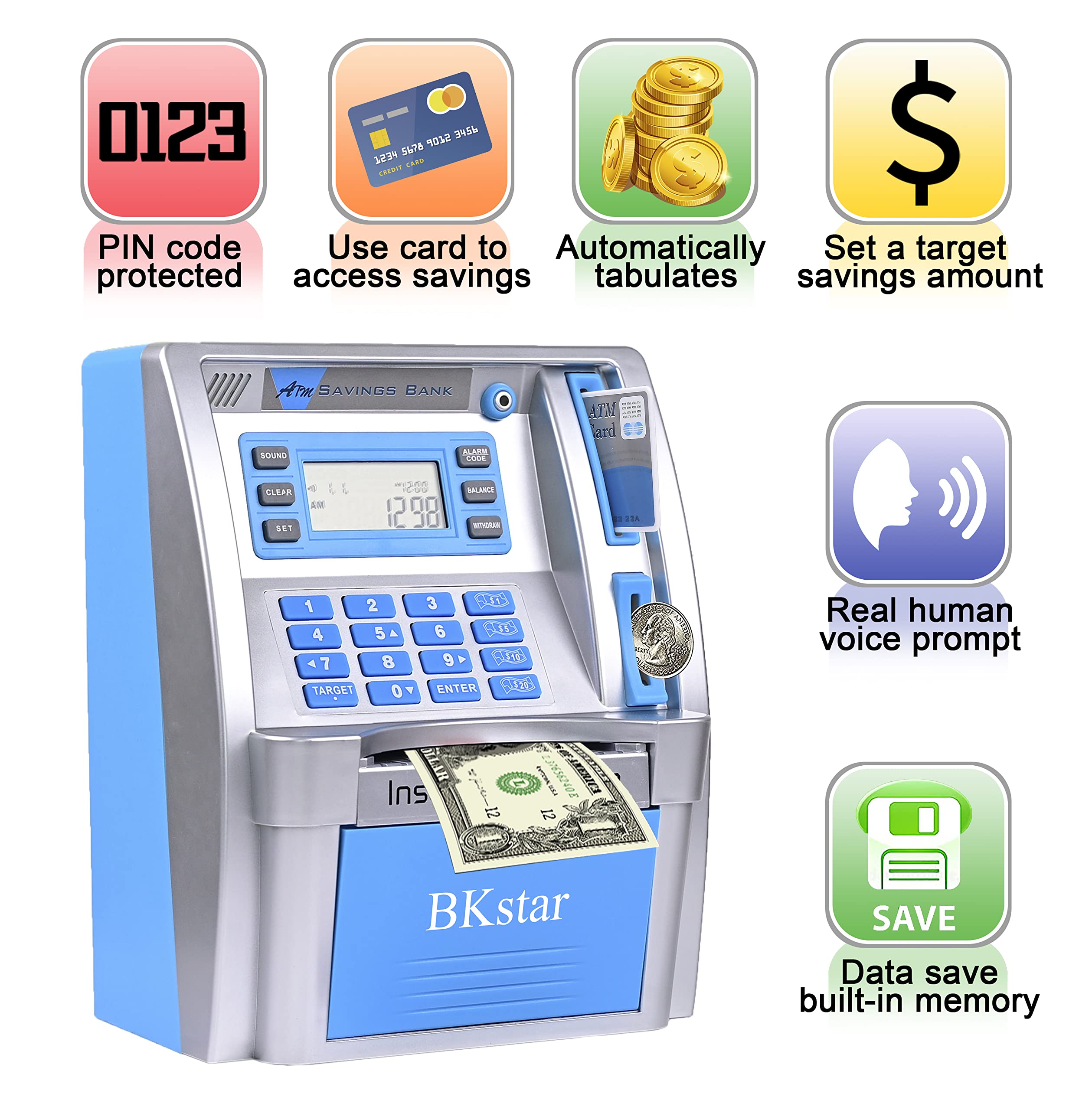 BKstar ATM piggy bank open drawer showing auto-opening deposit feature
