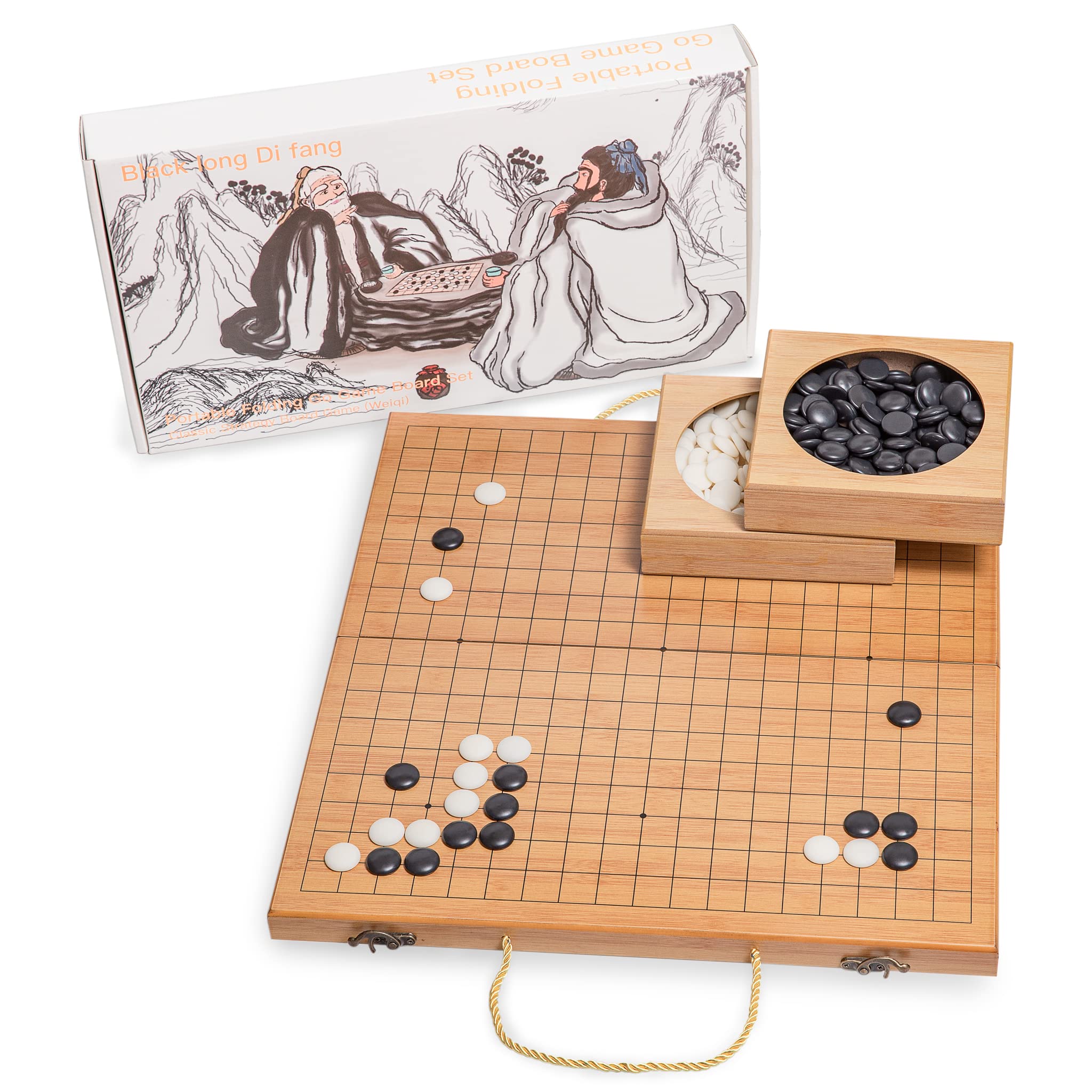 Black Long Di Fang 19x19 folding Go board opened for travel-friendly play.