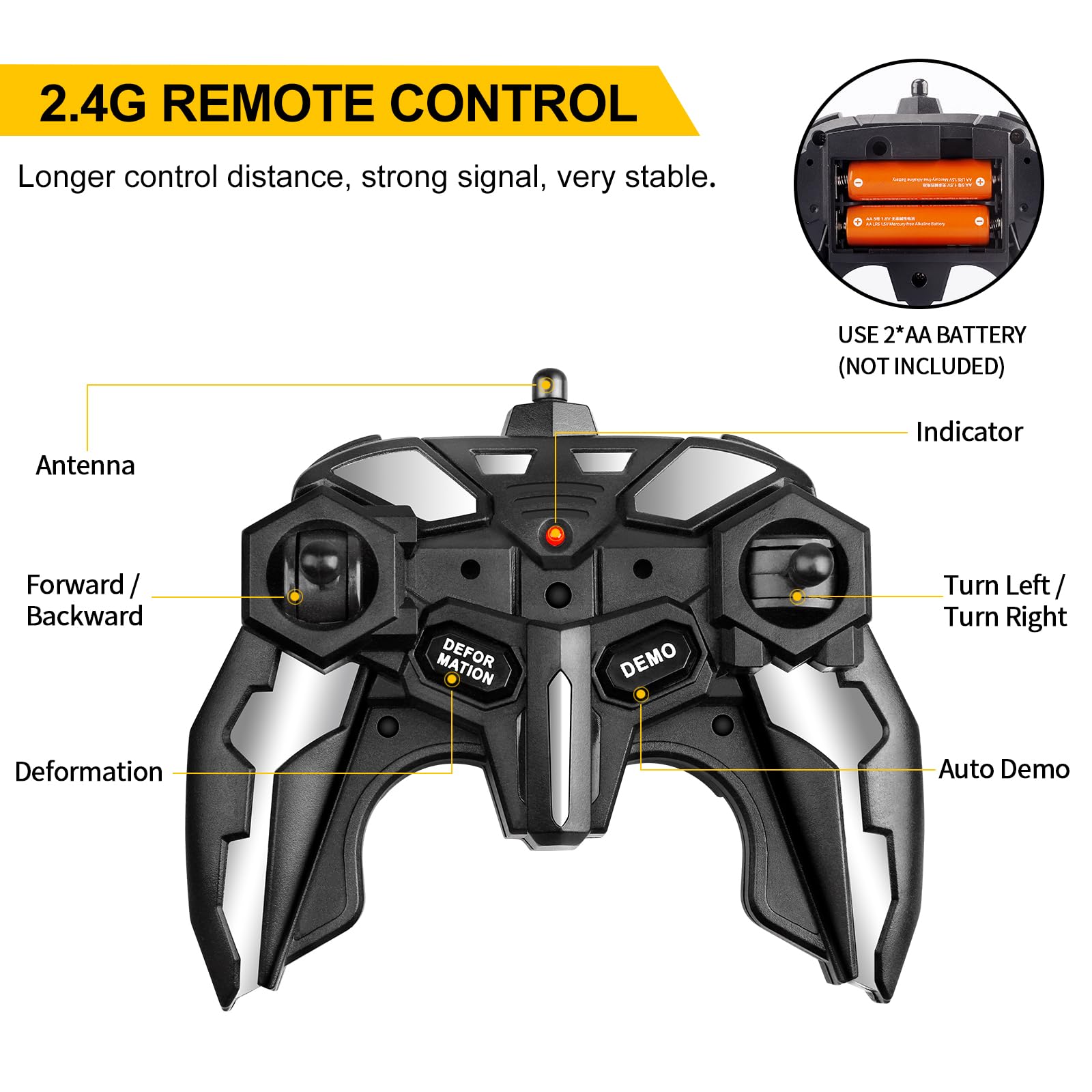 Blackma remote with up to 50 meters range for interactive play.