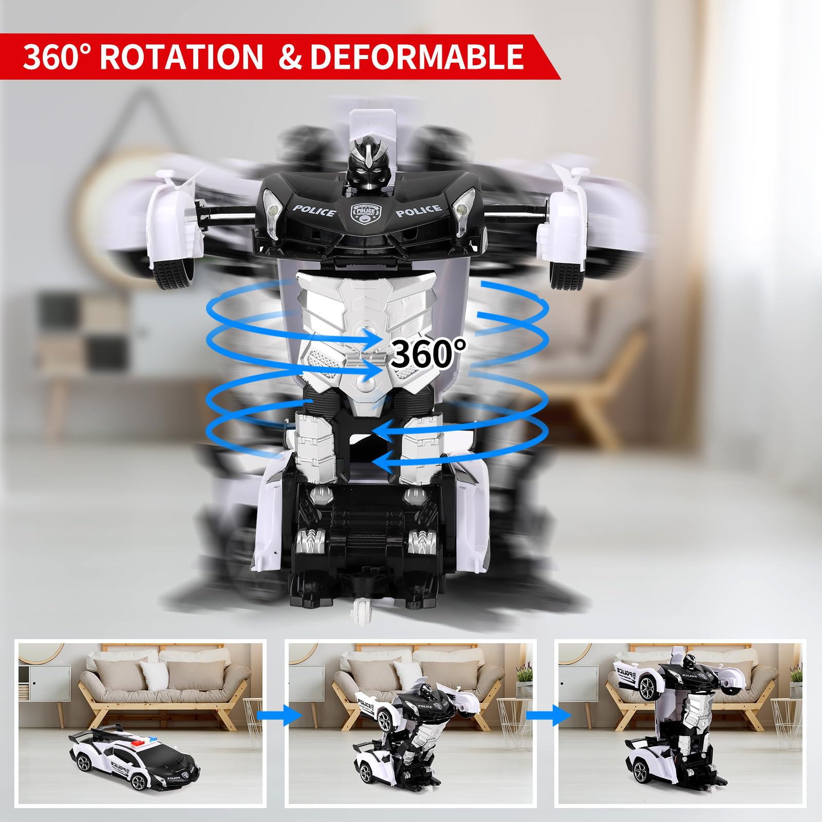 Blackma transform robot car with LED lights for nighttime play appeal.