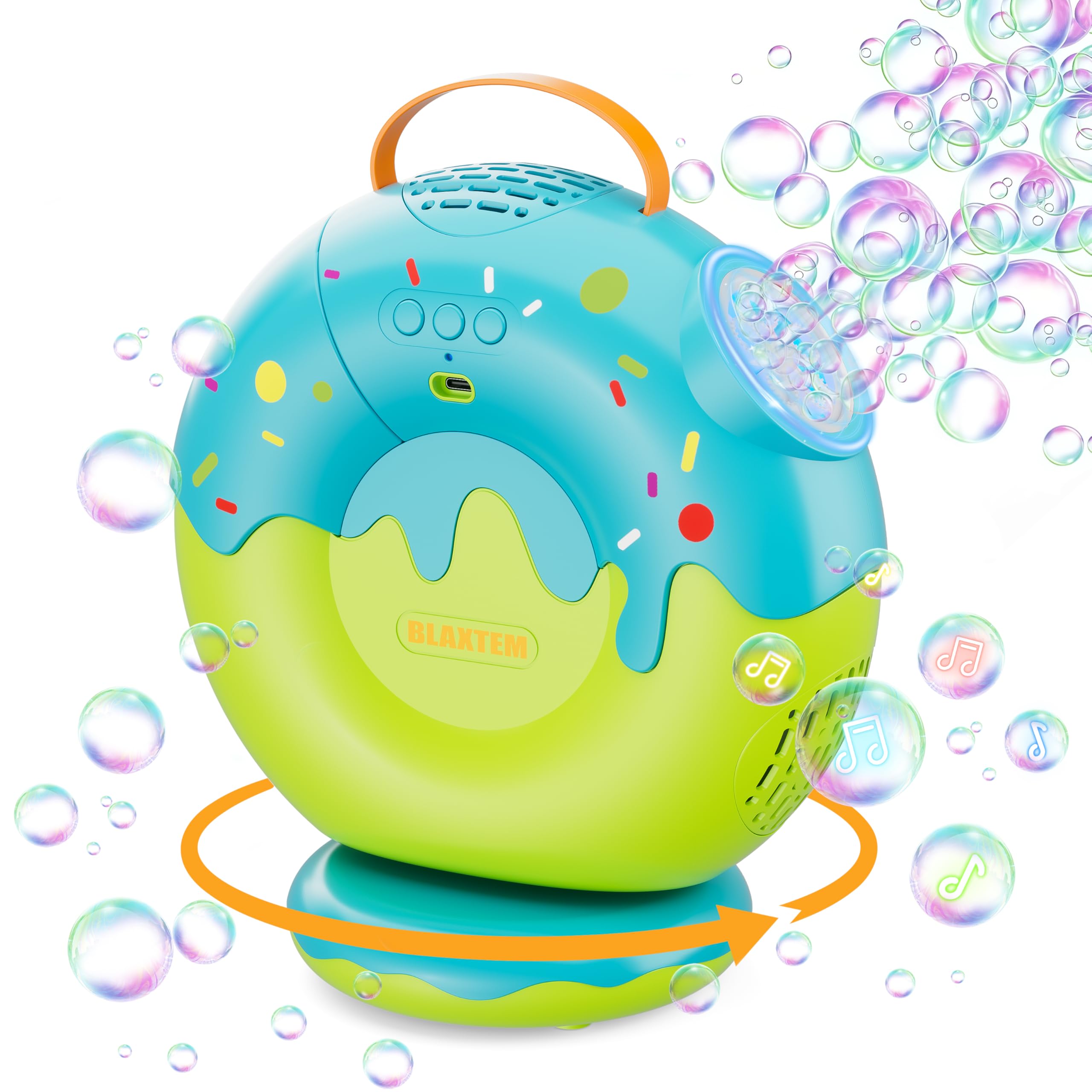 BLAXTEM donut bubble machine in green and blue, front view for backyard fun