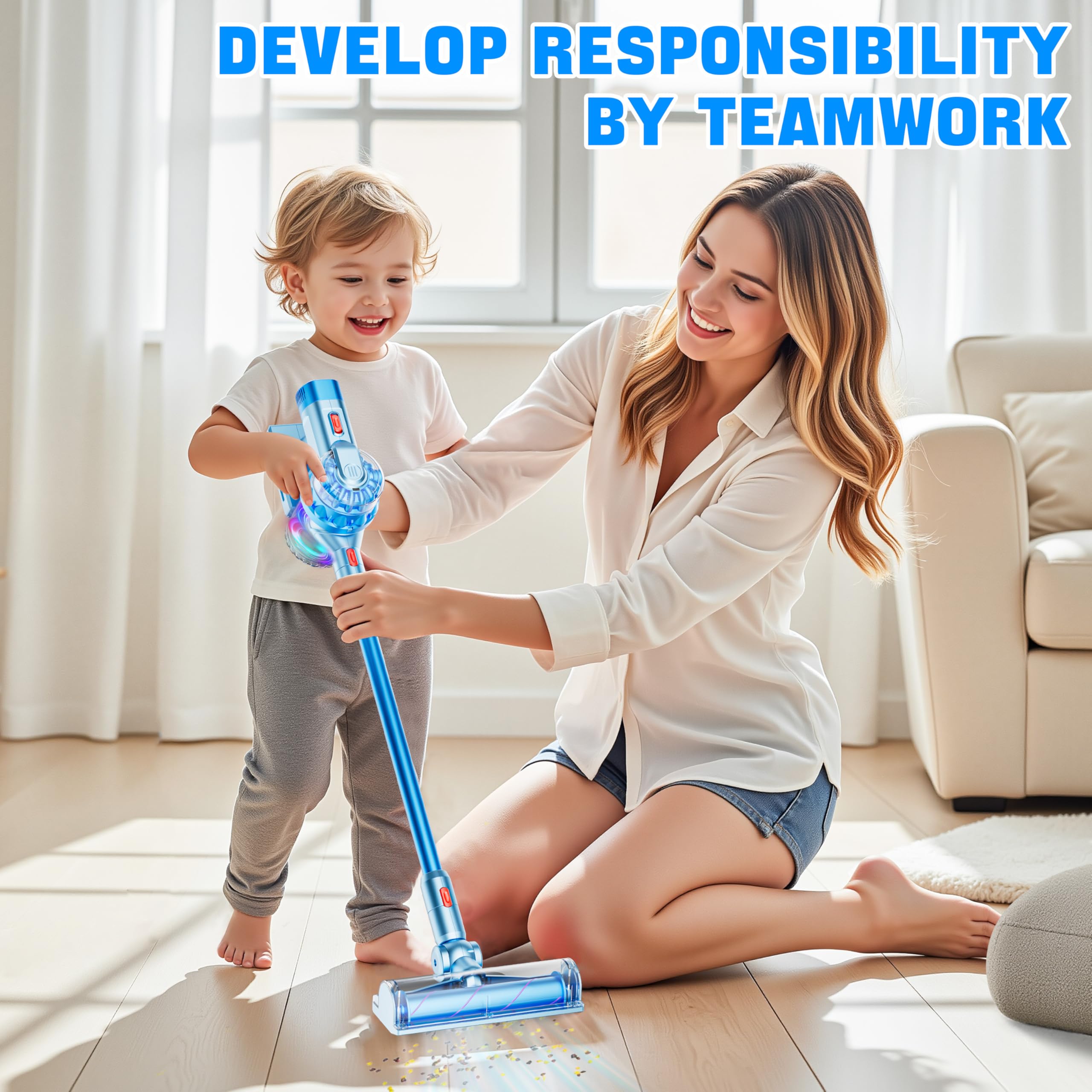 BLAXTEM light blue vacuum with crevice tool helps reach tight corners safely.