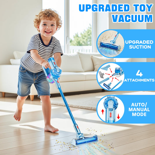 BLAXTEM toy vacuum with attachments demonstrates versatile cleanup tasks for curious kids.