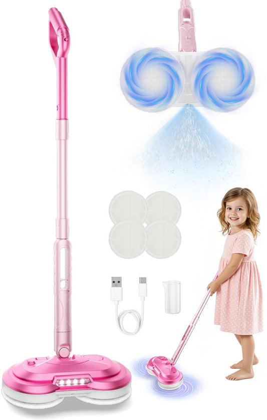 BLAXTEM Kids Electric Spin Mop Toy with pink headlight for authentic pretend cleaning