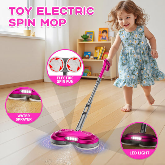 BLAXTEM Mop Toy showing the water spray feature for realistic pretend chores.