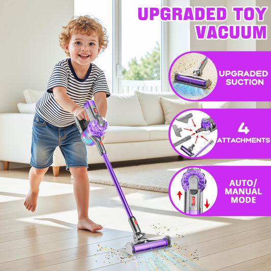 BLAXTEM toy vacuum with roller attachment helps kids reach carpets during pretend cleaning.