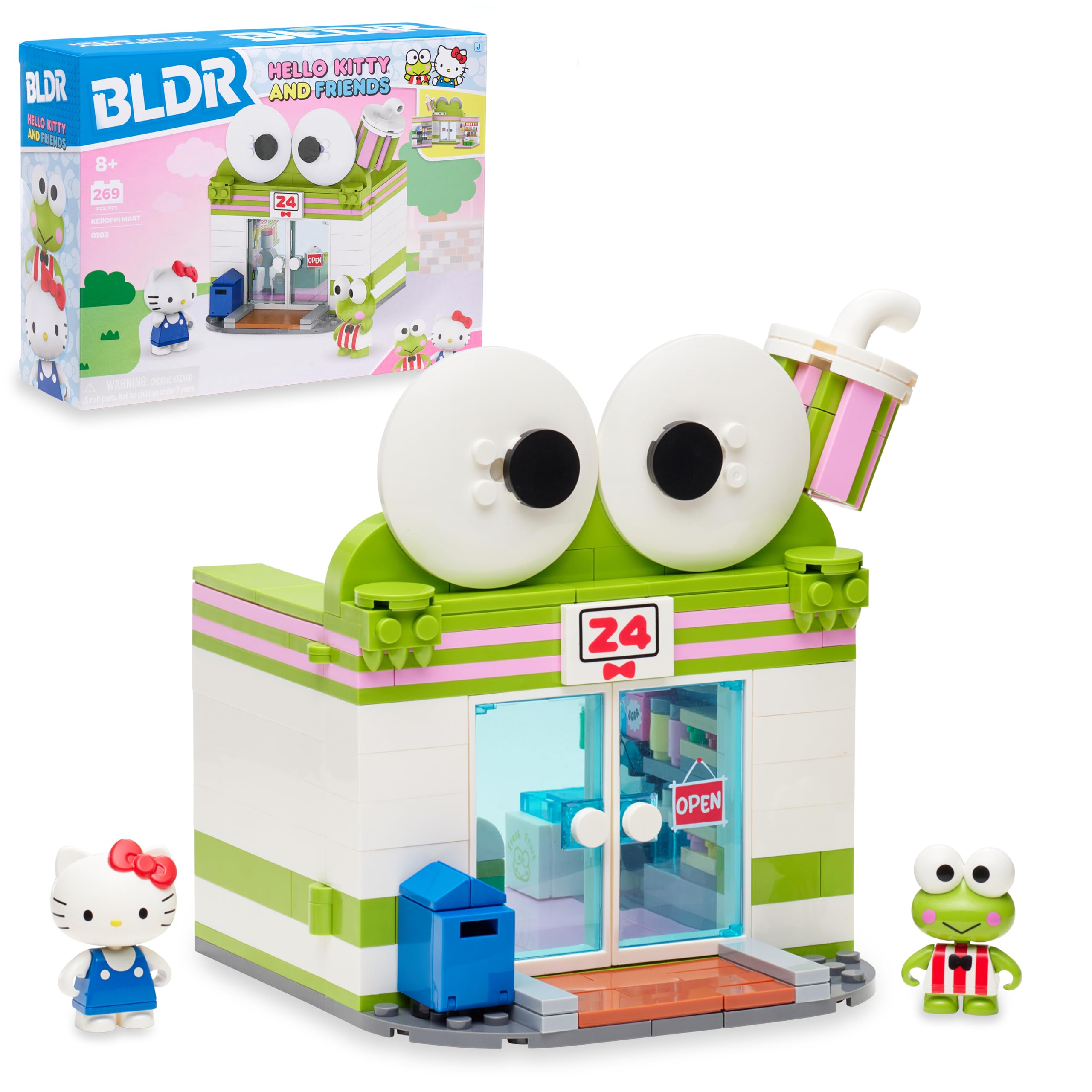 BLDR Hello Kitty Keroppi Mart front view promoting imaginative market play.