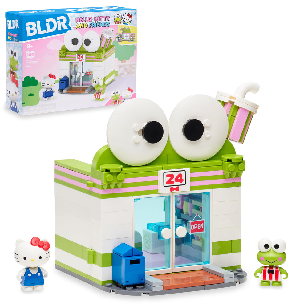 BLDR Hello Kitty Keroppi Mart front view promoting imaginative market play.