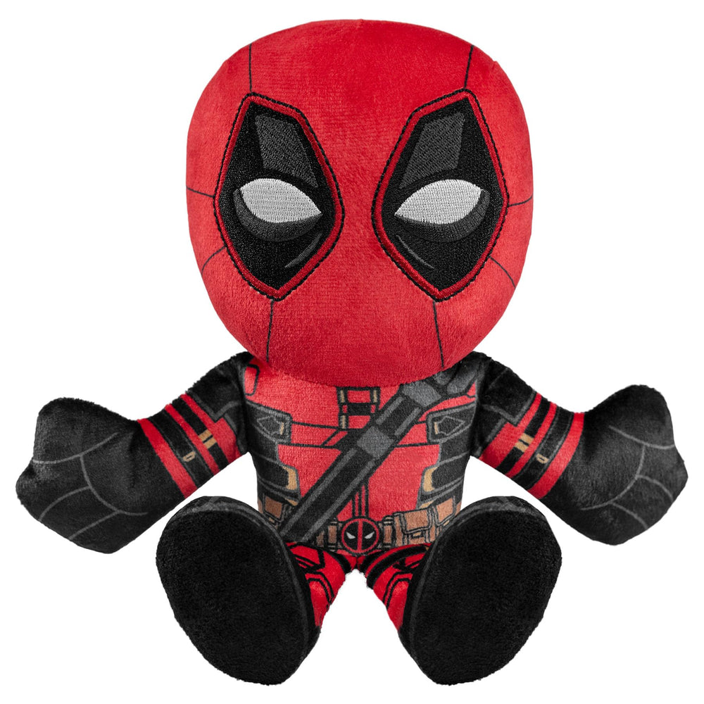 Bleacher Creatures Deadpool 8-Inch Kuricha sitting plush, ideal for desk or shelf display.