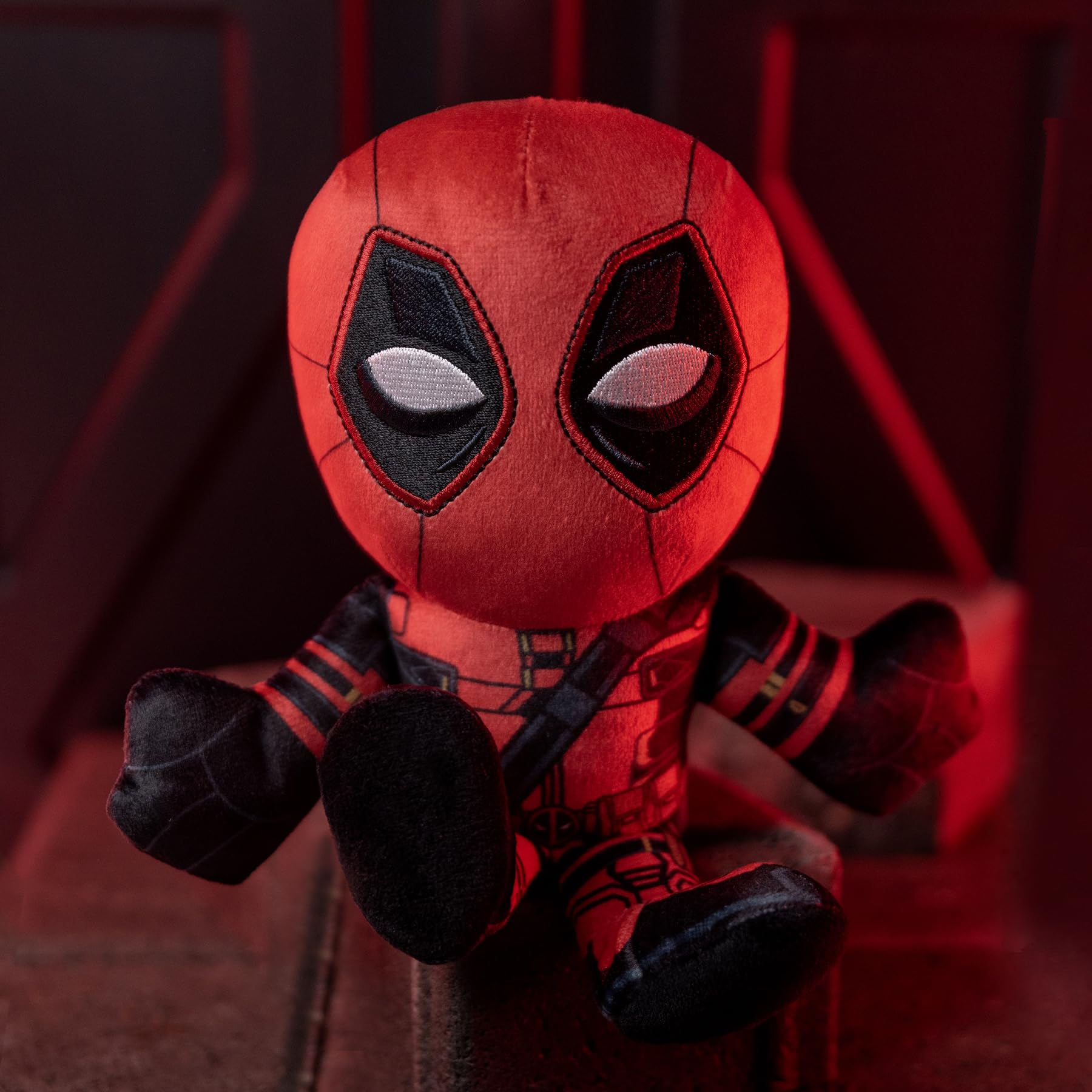 Bleacher Creatures Deadpool plush display-ready on shelf and desk.