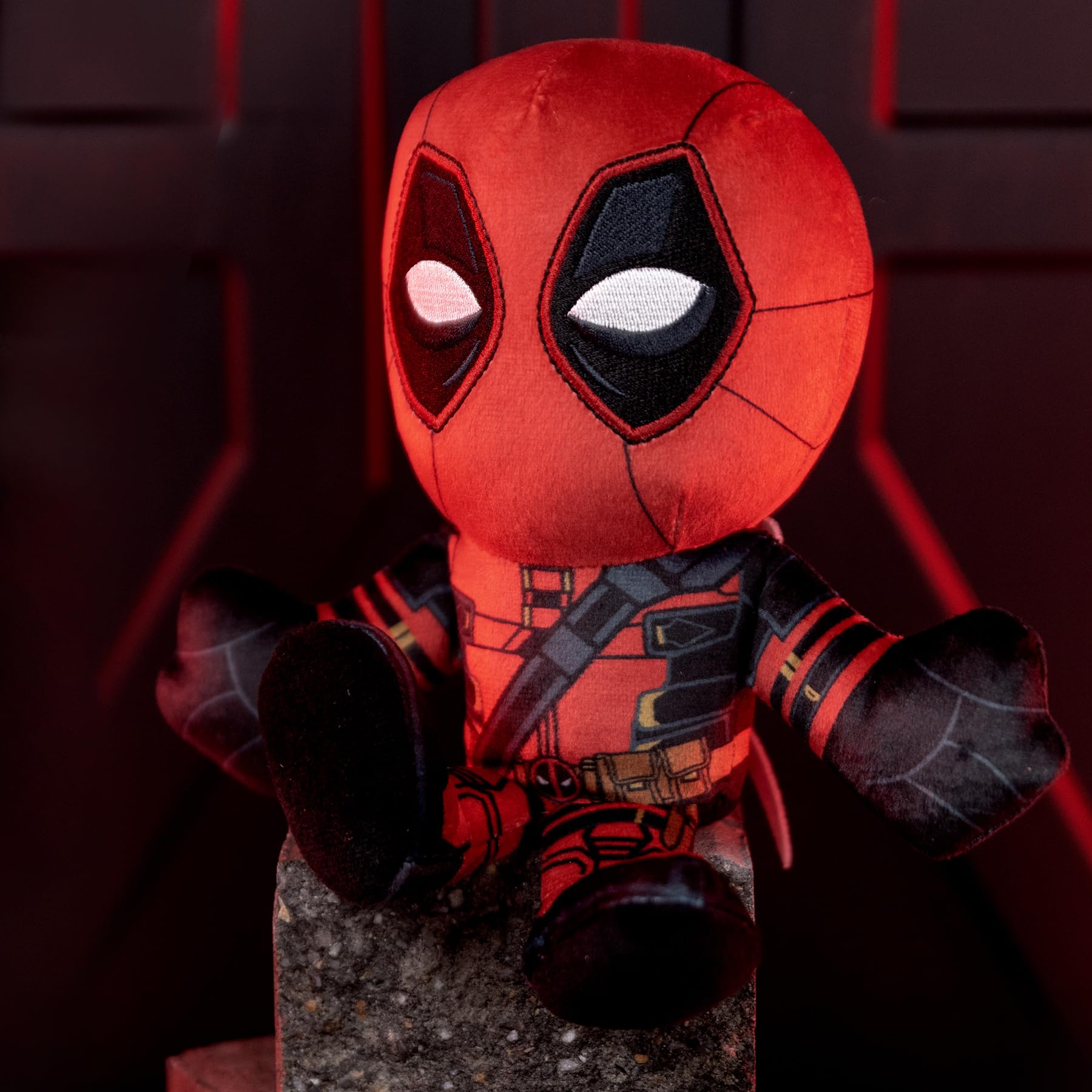 Bleacher Creatures Deadpool plush in crystal velboa fabric, soft to touch.