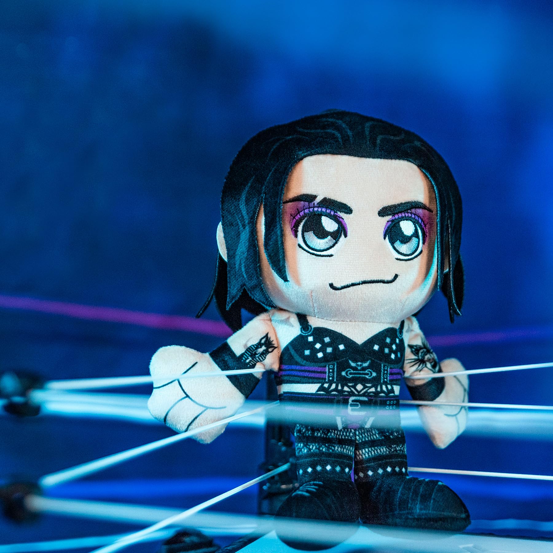 Bleacher Creatures Rhea Ripley plush face detail captures chibi-inspired charm