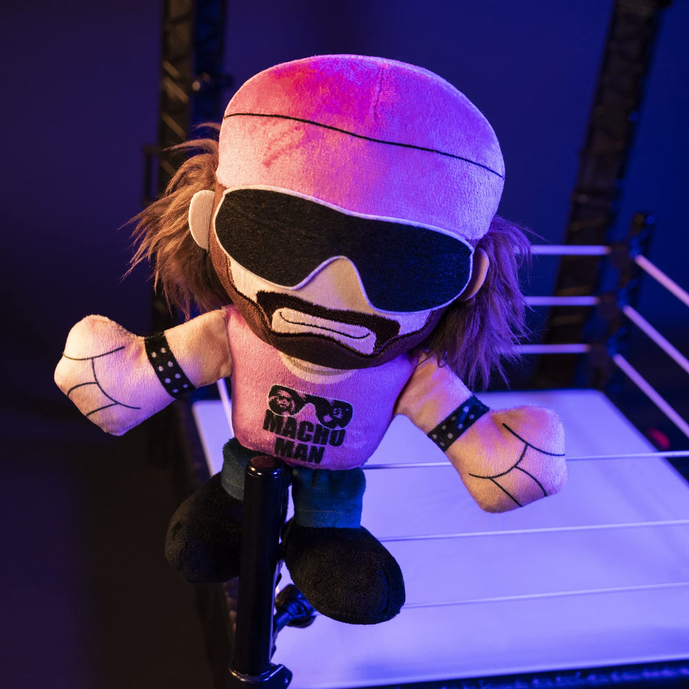 Bleacher Creatures Macho Man plush side view shows cuddly pose.