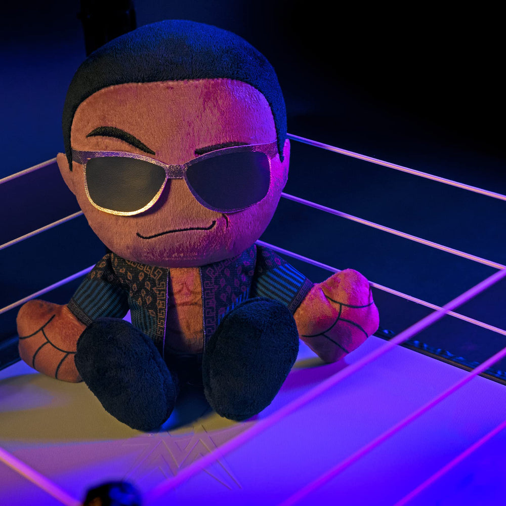 Bleacher Creatures WWE Old School Rock Kuricha packaging image highlights gift-ready presentation.