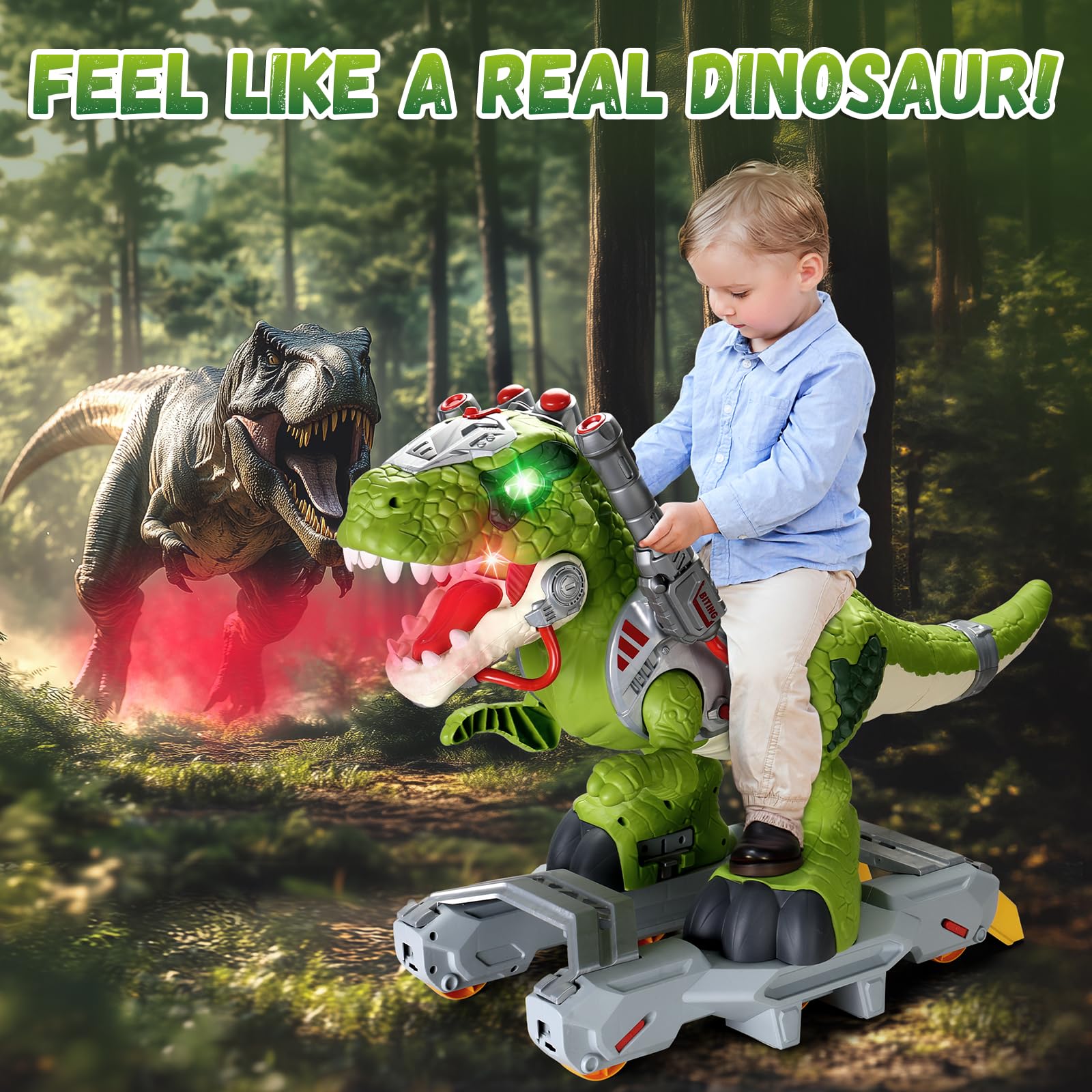 BLF FUN Dinosaur Ride On Toy Car, digital panel highlight, nursery rhymes and dinosaur sounds.