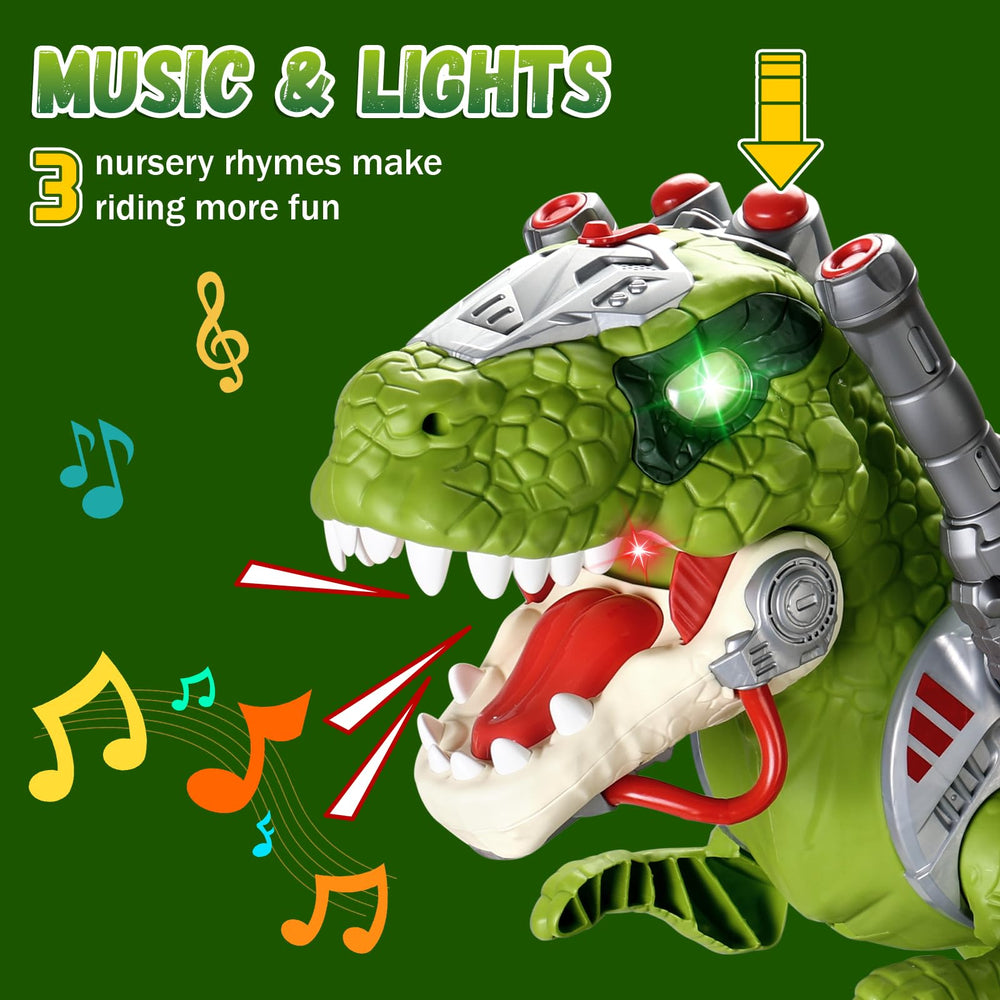 BLF FUN Dinosaur Ride On Toy Car, dinosaur head detail, mist spray feature for magical moments.