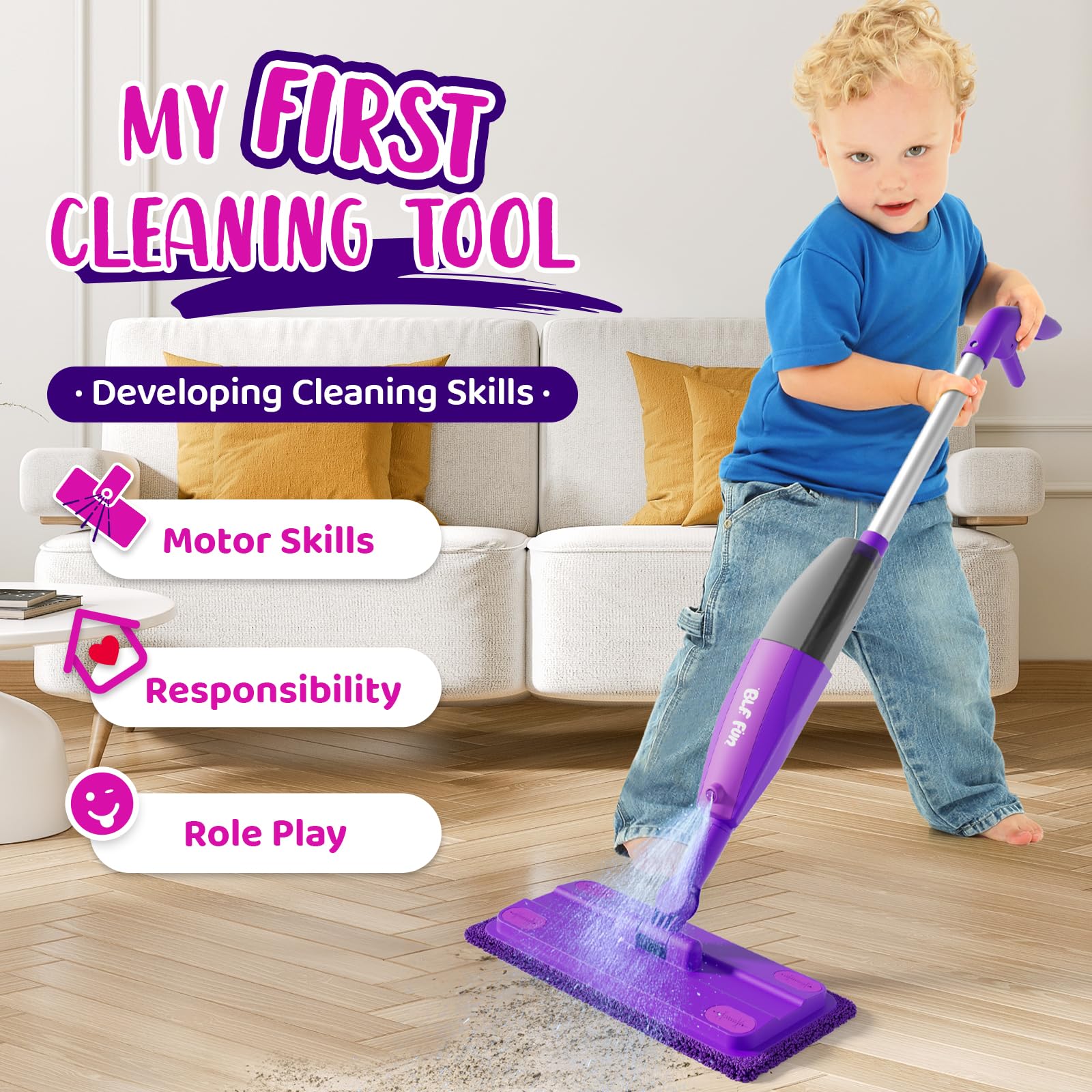 BLF FUN Kids Spray Mop purple cloths feature washable replacement cloths for repeated pretend cleaning.