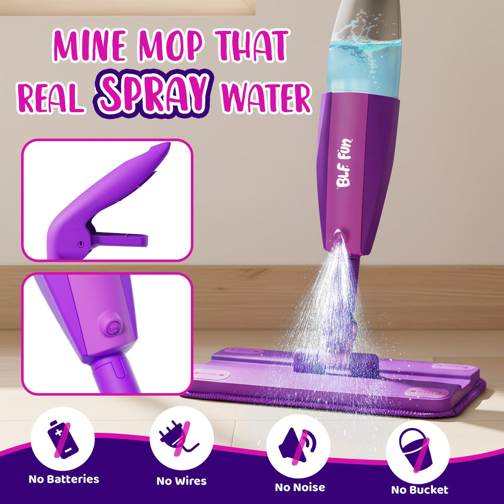 BLF FUN Kids Spray Mop purple toy-scraper shows dirt removal during playtime.