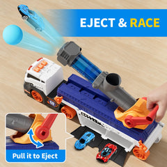 Four race cars included for paired play and quick-access launcher actions.