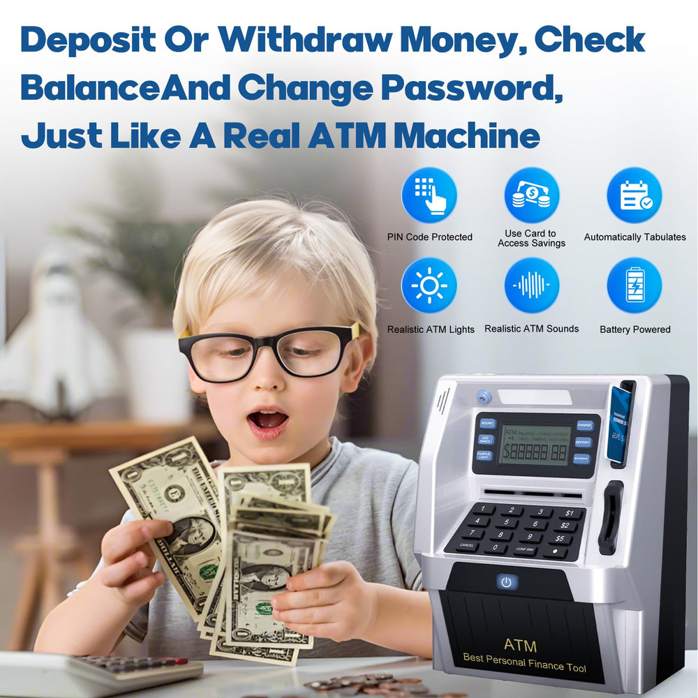 Blingbin ATM piggy bank debit card slot facilitates kid-friendly banking like a real ATM.