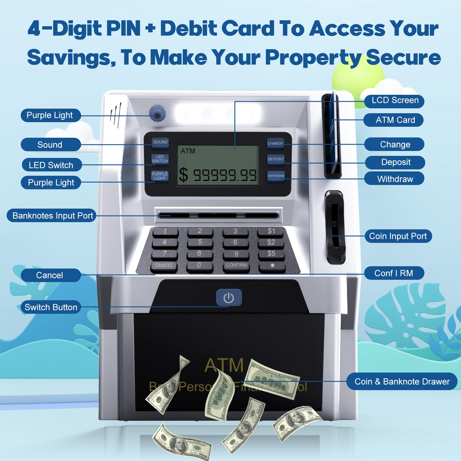 Blingbin piggy bank balance screen highlights real-time savings progress for young savers.