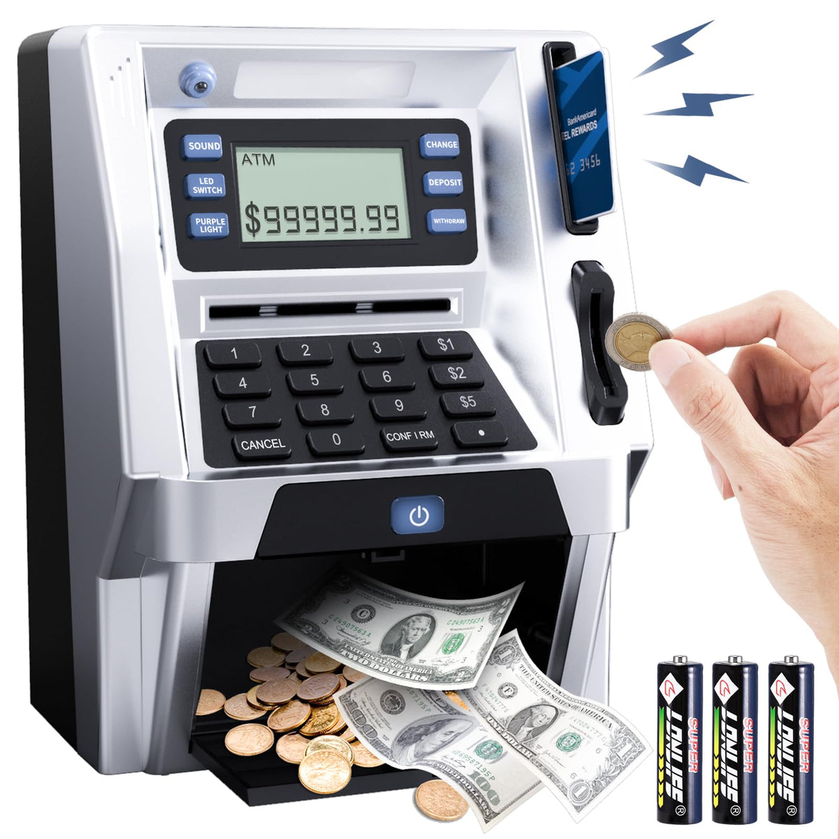 Blingbin upgraded ATM piggy bank front view showing real-money storage for kids.