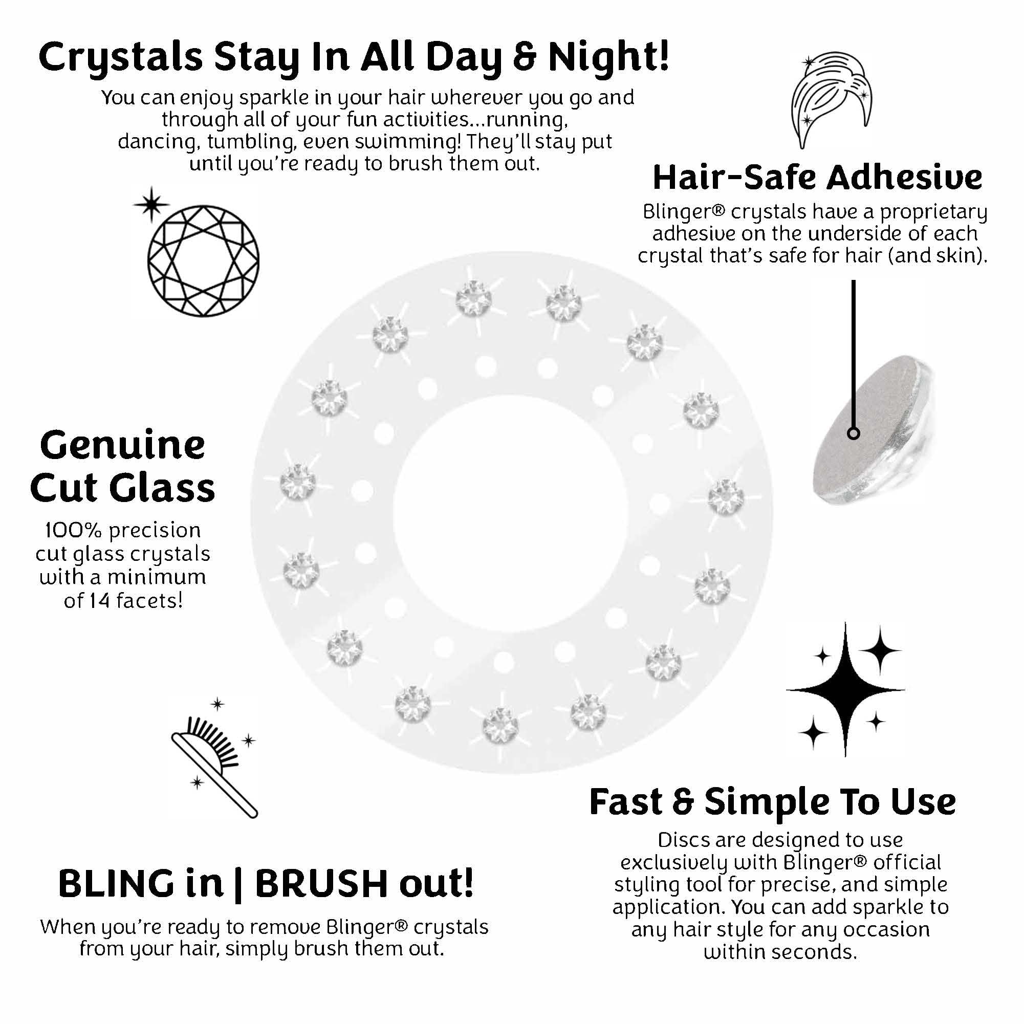 Hair-safe crystal discs for glue-free, easy styling with Blinger.