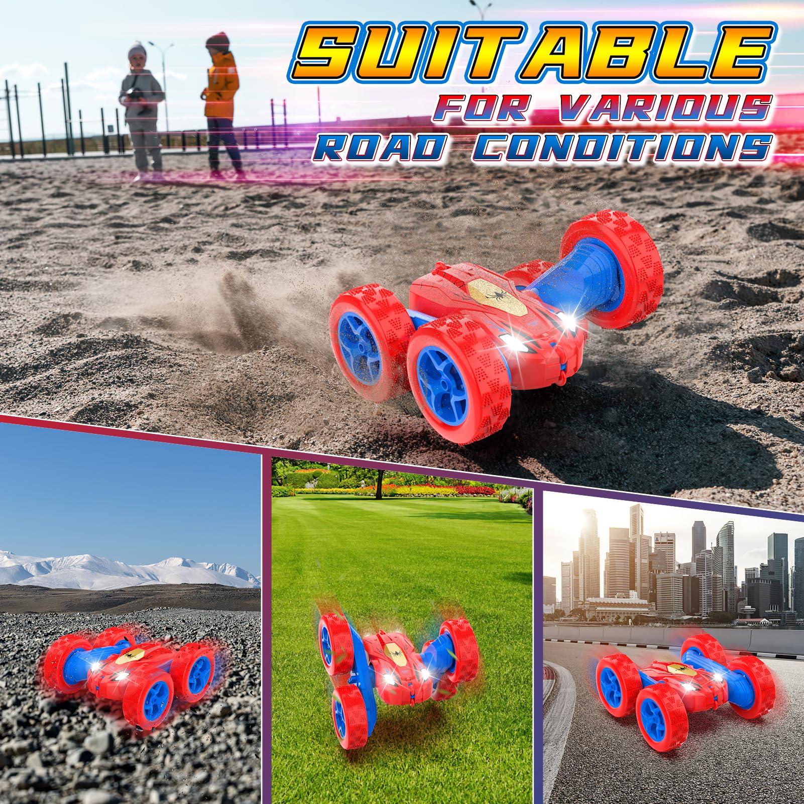 Blissbud Spider RC car 360° rotation in action on varied surfaces.