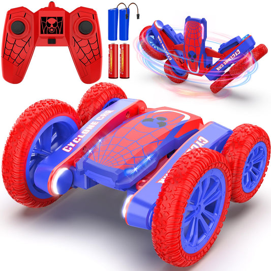 Blissbud Spider RC Car performing 360° spin stunt on carpet surface.