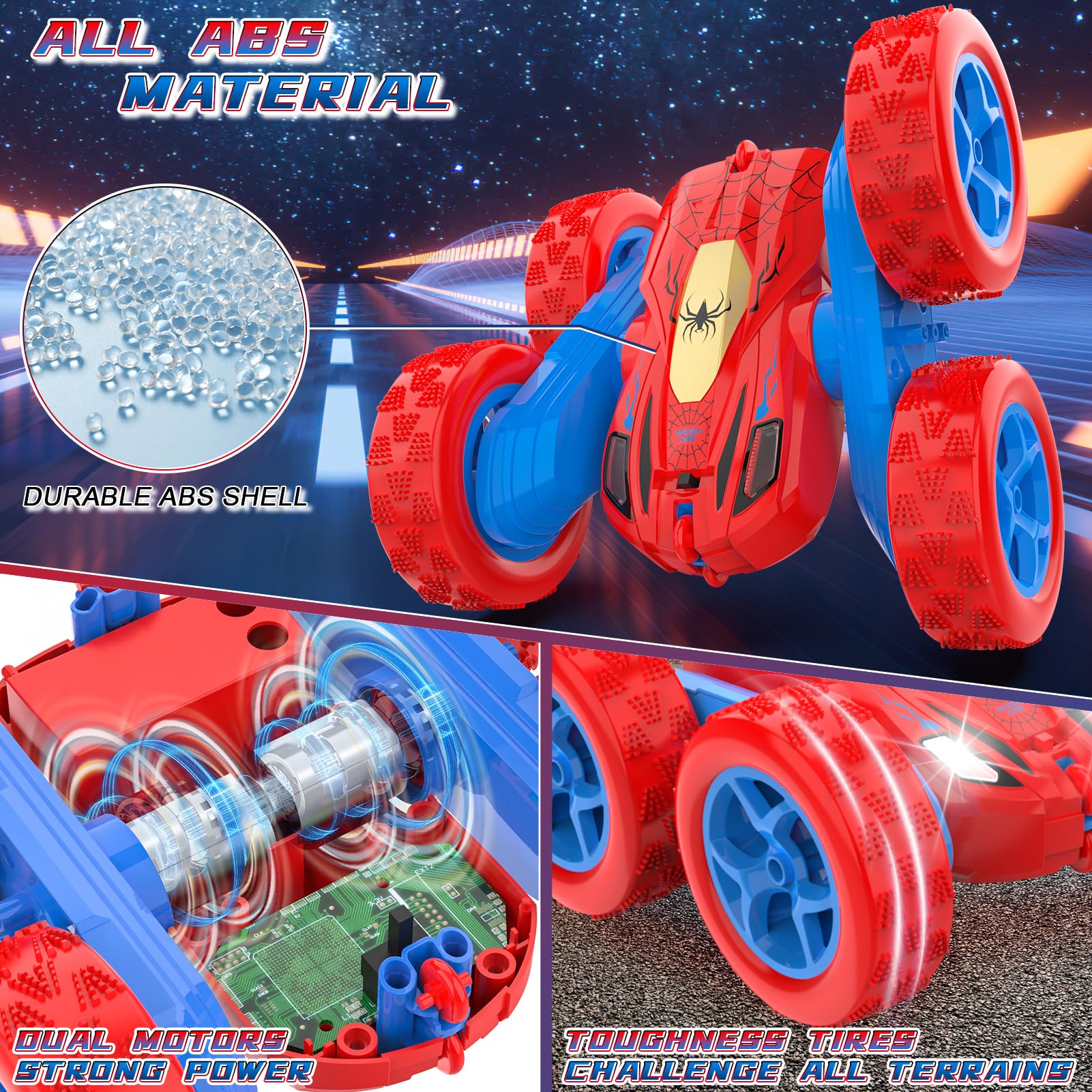 Blissbud Spider RC car with 4WD tires on diverse indoor and outdoor surfaces.