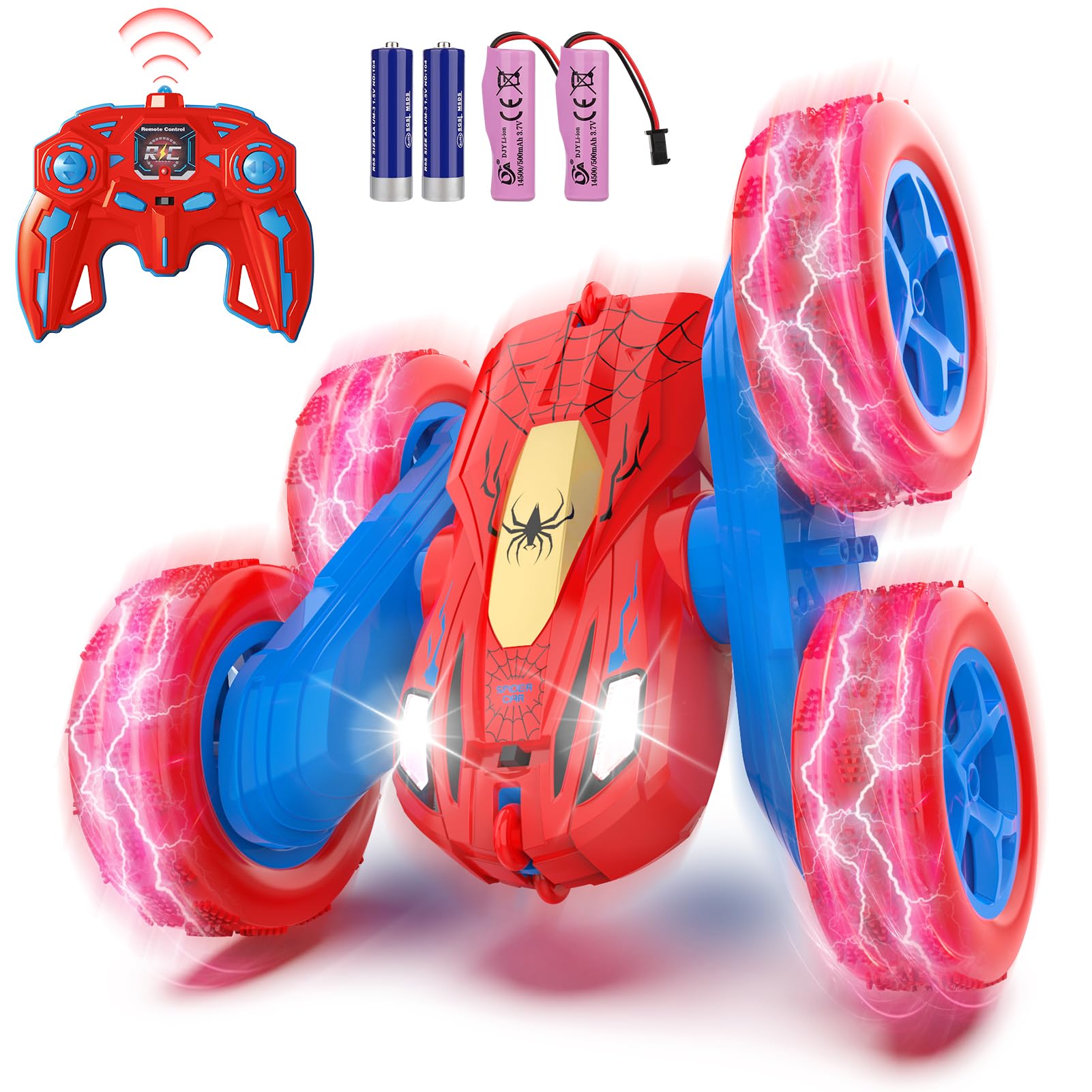 Blissbud Spider RC car front view with LED headlights for engaging play.