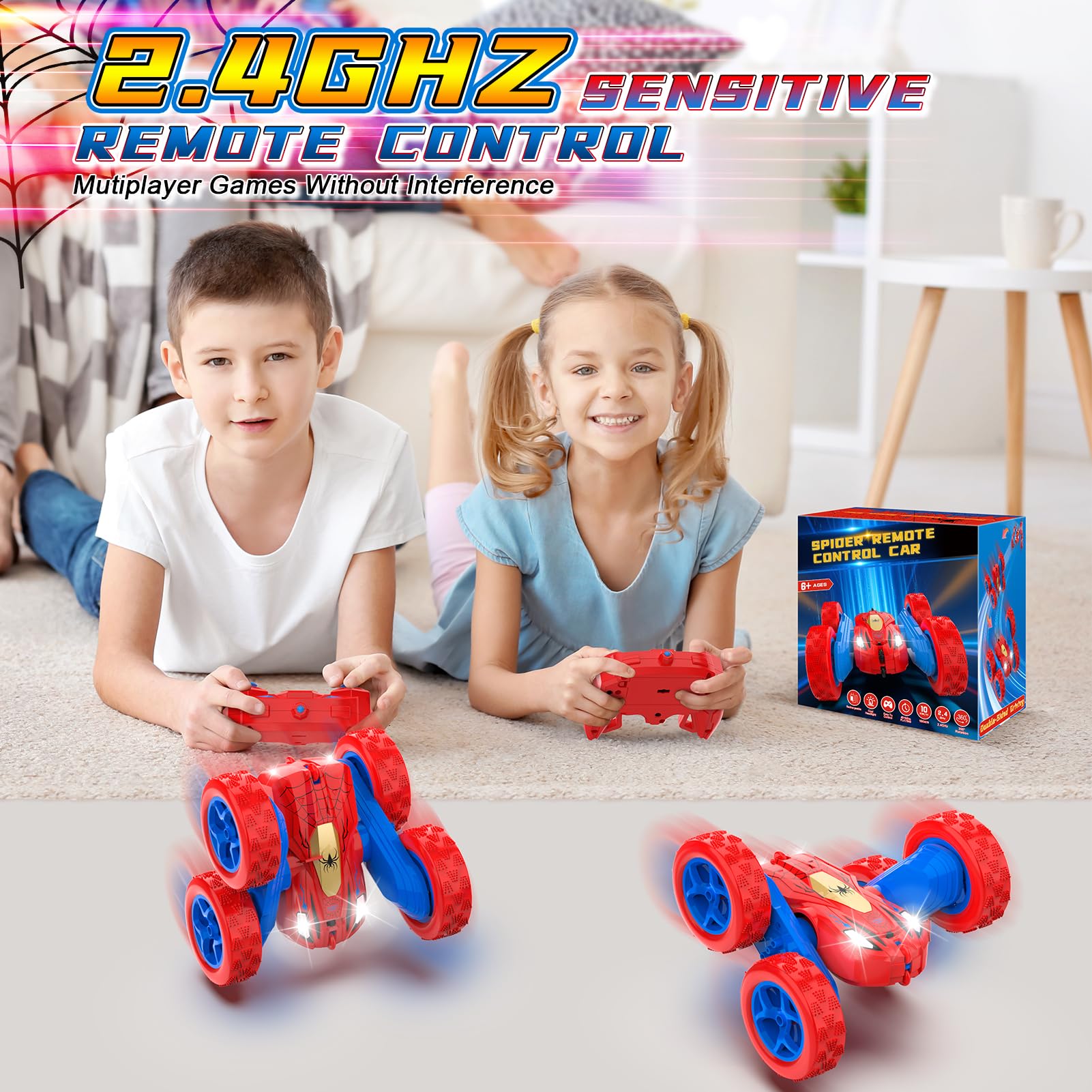 Blissbud Spider RC car close-up on 360° rotating mechanism for dramatic spins.