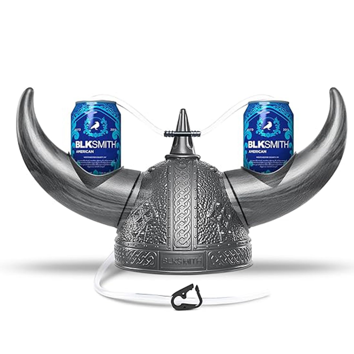 BLKSMITH Viking Drinking Hat front view shows dual-can design for hands-free sipping at parties
