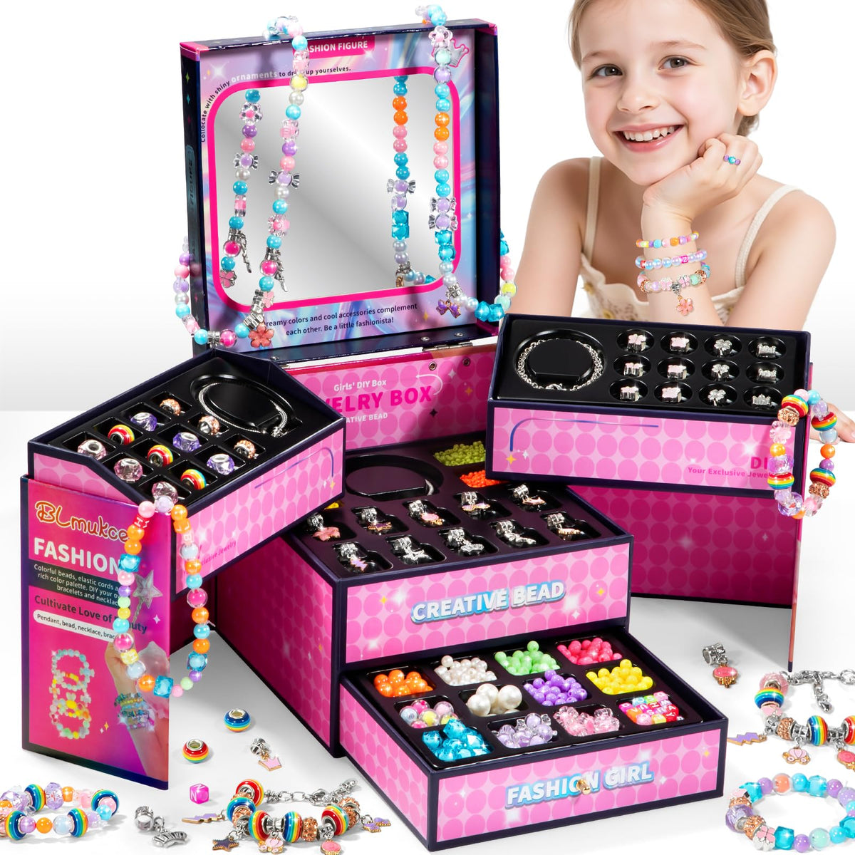 BLmukce charm bracelet kit packaging with beads, gift-ready.