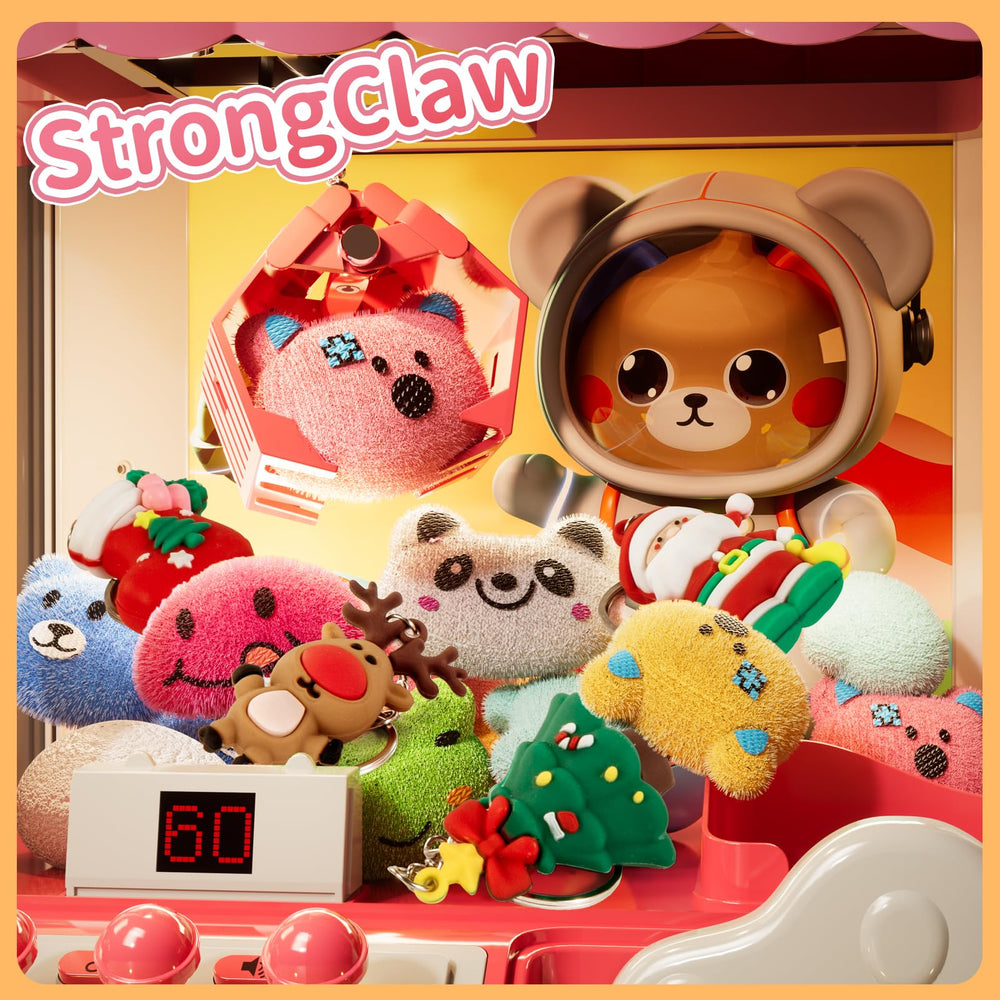 BLmukce claw machine illuminated with LED lights and countdown timer.