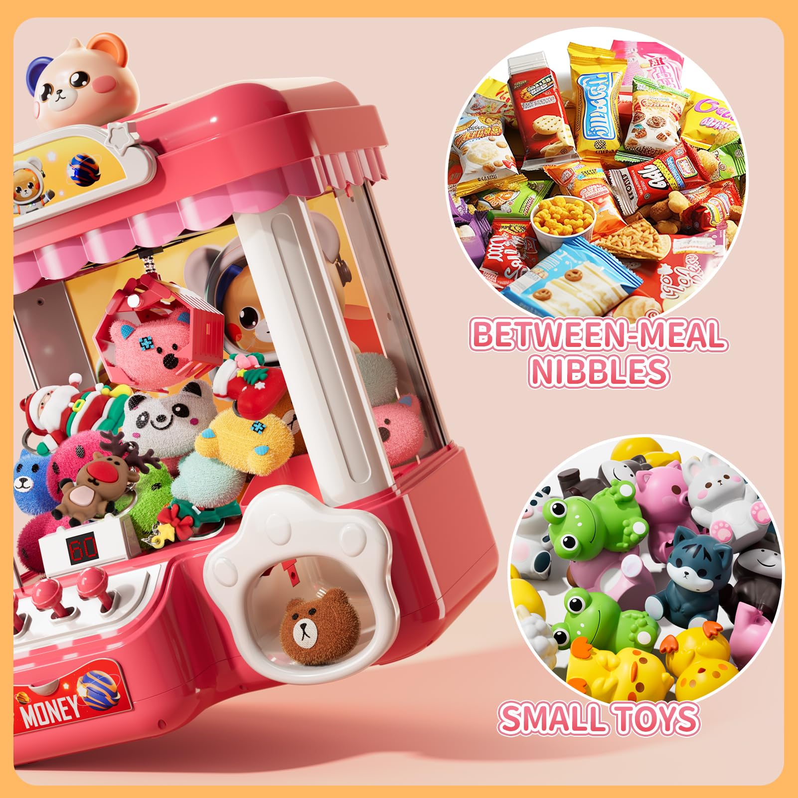 Prize display shows plush toys and hanging rings inside the machine.