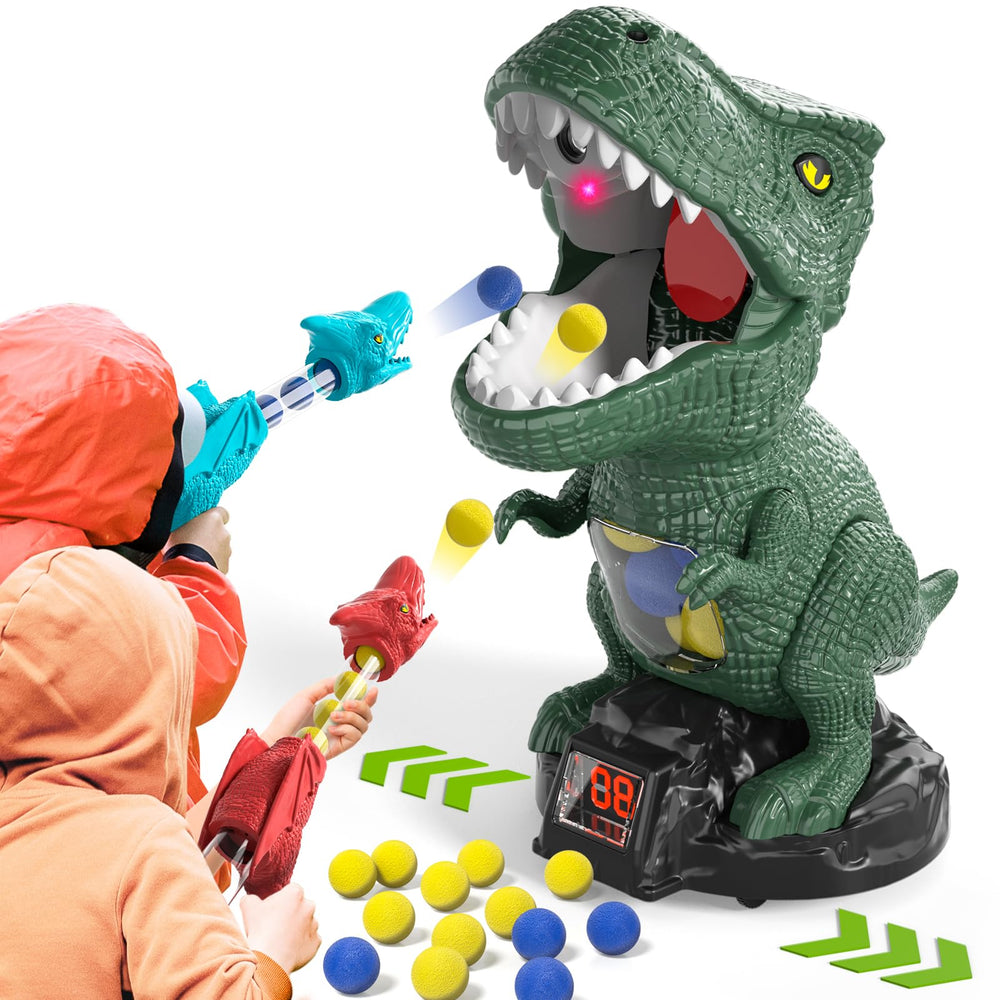 BLmukce dinosaur shooting game kit visual, ideal for engaging family playtime and outdoor fun.