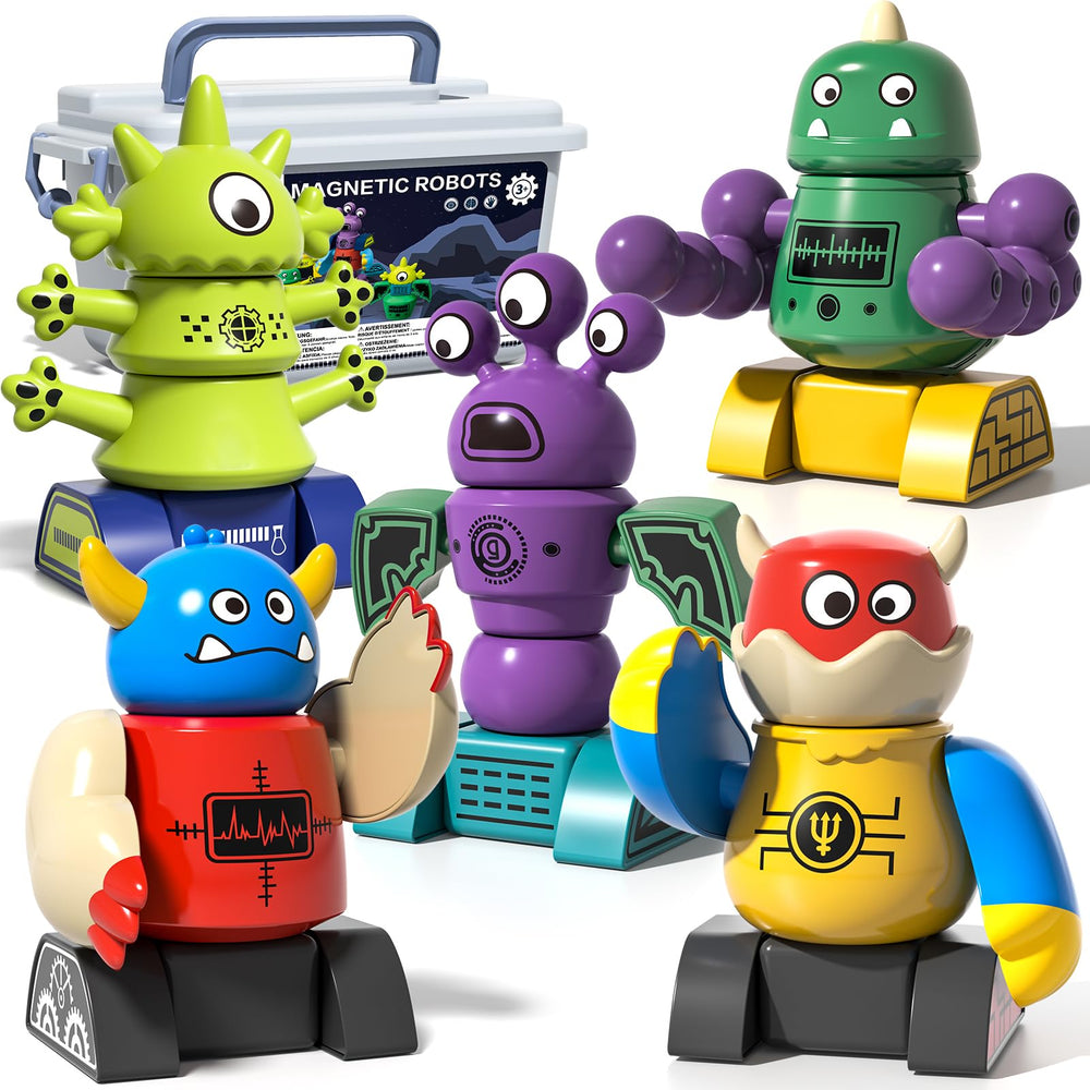 BLmukce family play session builds collaboration through magnetic robot building.