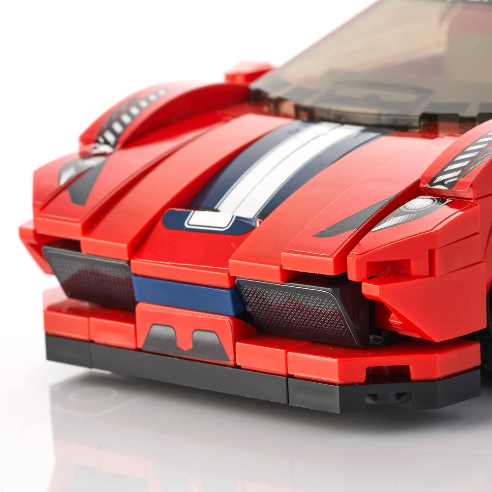 Block Builder Ferrari F8 racing blue stripe detail showcases authentic livery and visual appeal.