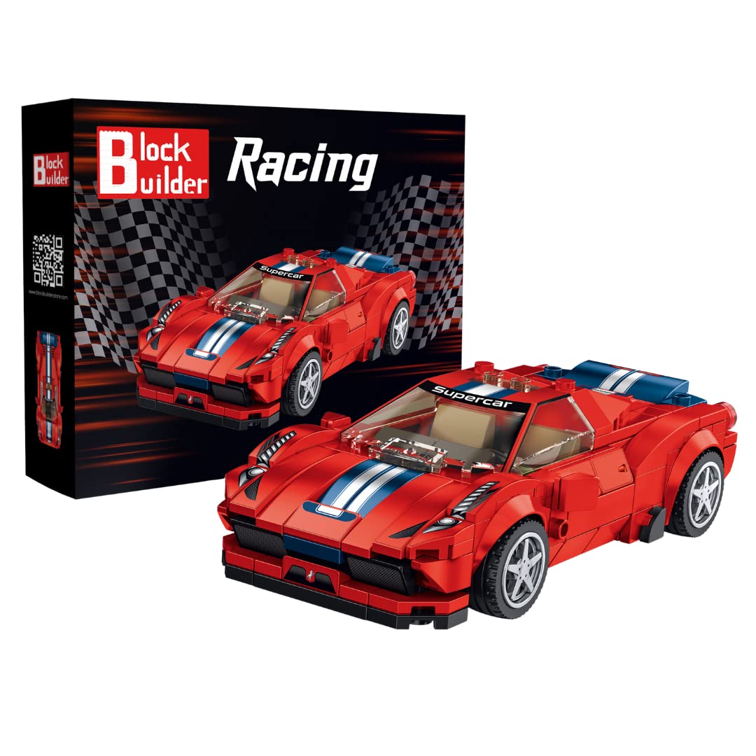 Block Builder Ferrari F8 racing car front view shows authentic details and durable bricks.
