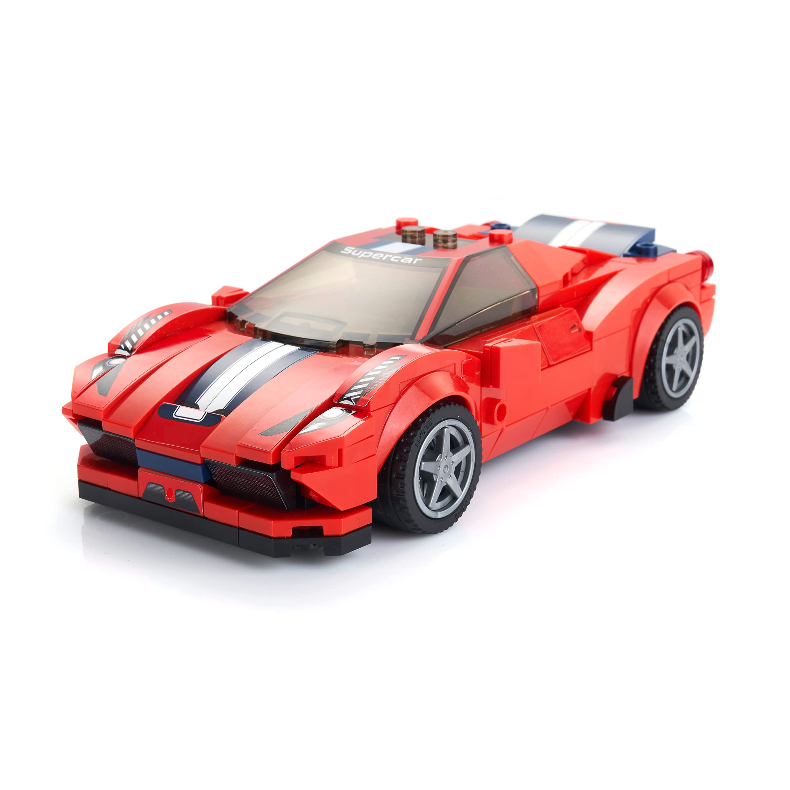 Block Builder Ferrari F8 racing car side view highlights sleek profile and high-quality connections.