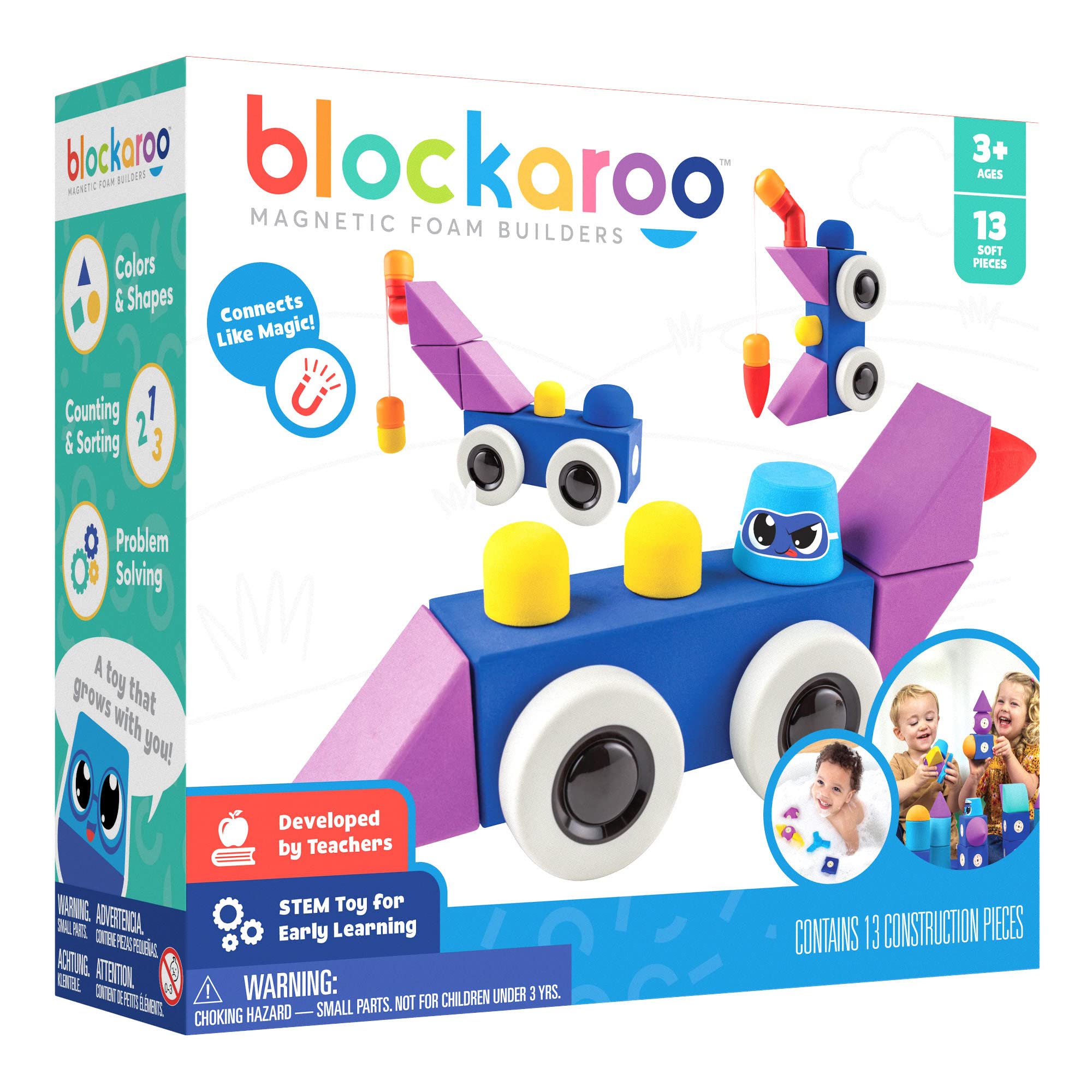 Blockaroo roadster bath toy highlights magnetic connections for bath time play.