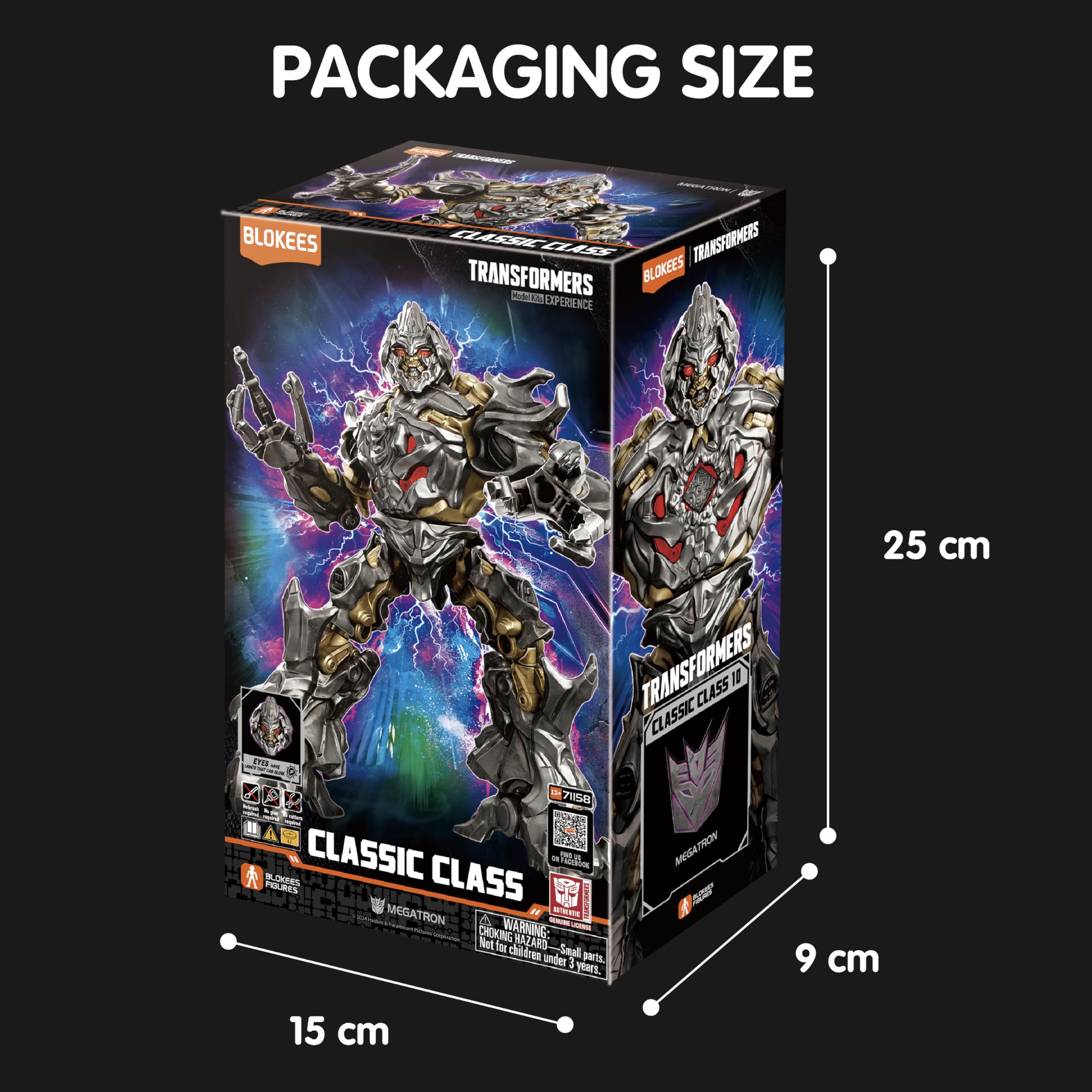 Blokees Megatron LED eyes and chest illuminate for display-worthy scenes.
