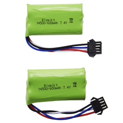 Blomiky 7.4V 600mAh battery top view with positive polarity indicators