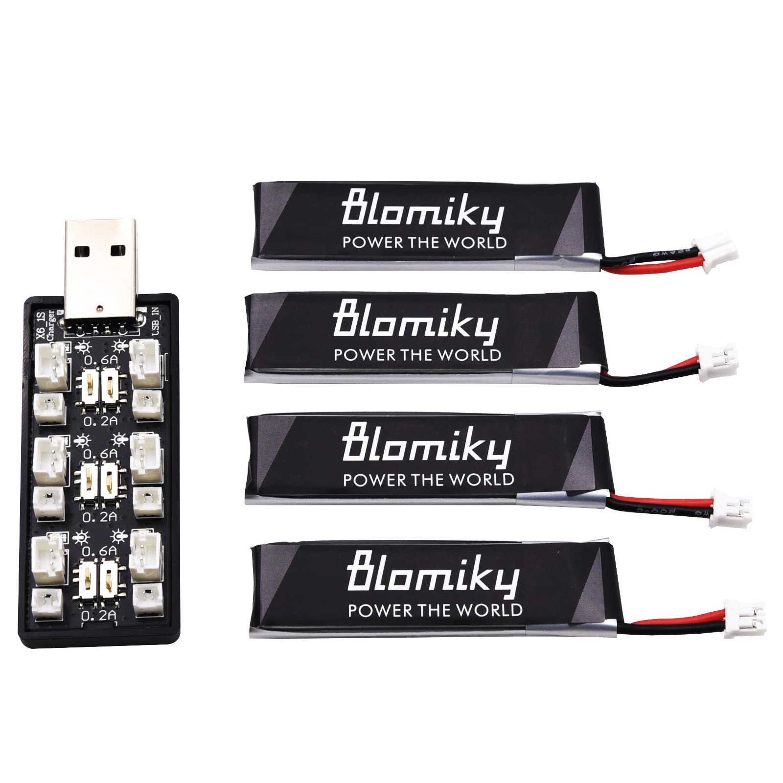 Blomiky packaging includes four batteries and USB indicator.