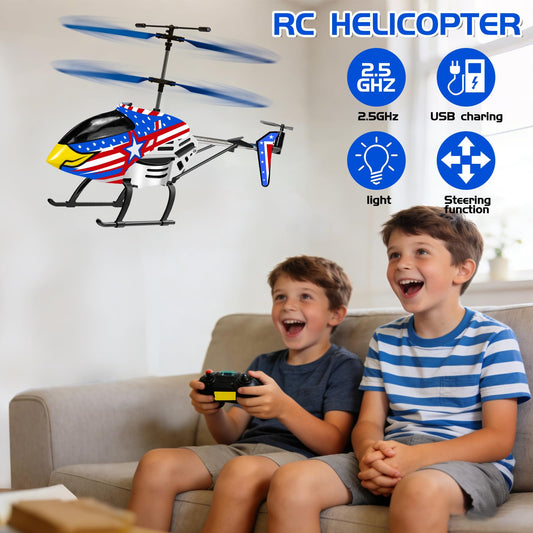 Bloolilies Eagle RC helicopter side view showing durable alloy body.