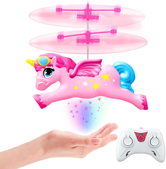 Bloolilies flying unicorn toy RC hand-controlled hover with LED lights for imaginative play.