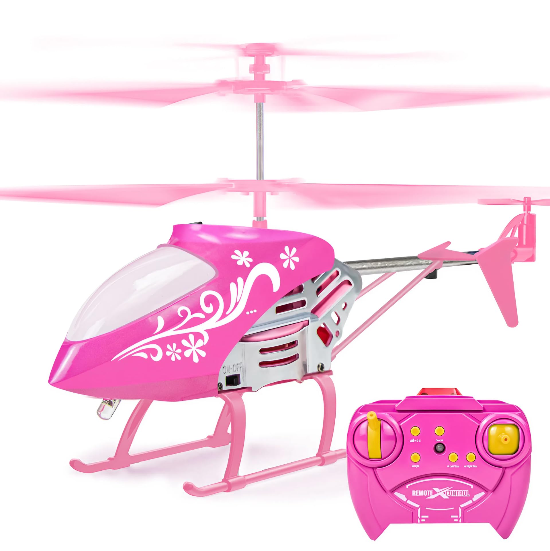 Bloolilies pink RC helicopter ready for indoor beginner flights with a bright finish.